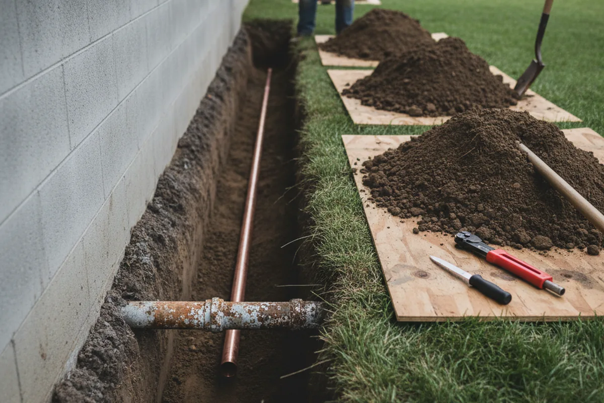 Excavated water line trench during Sewer Line Repair in Pleasant Lake